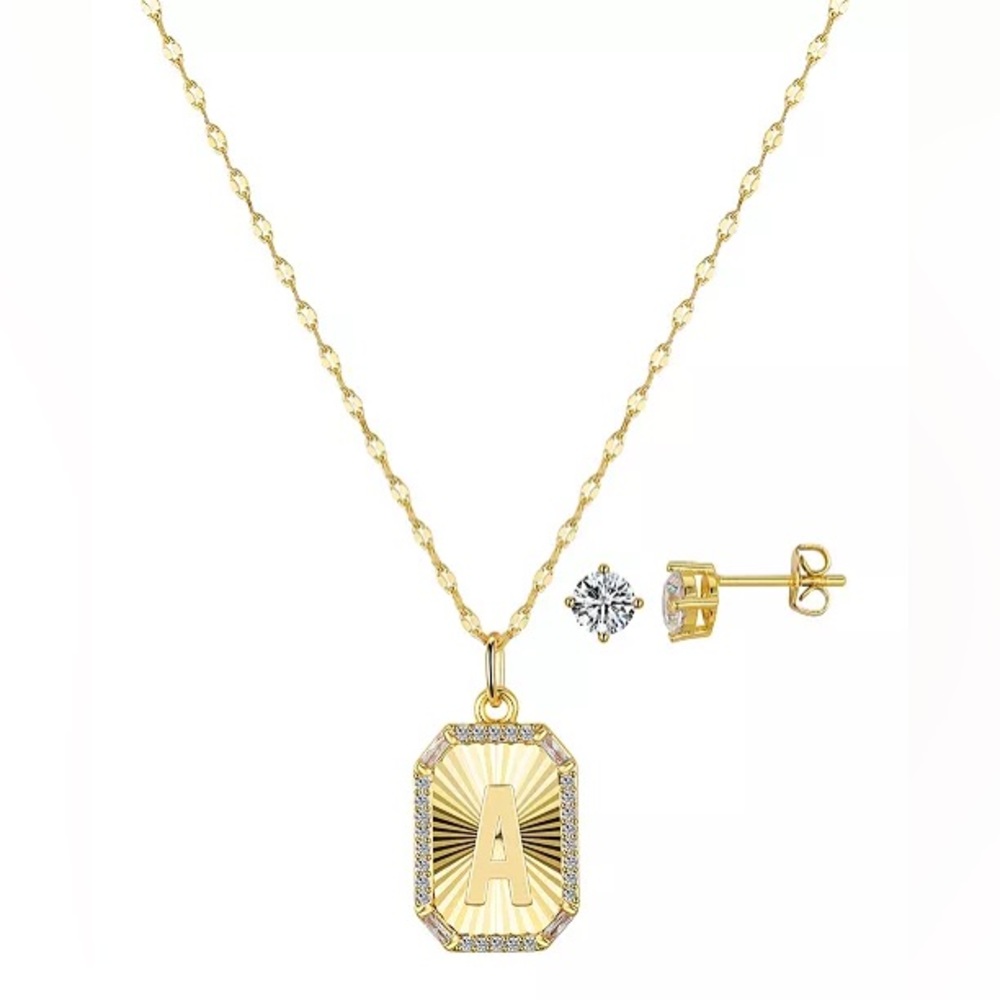 NWT Unwritten Gold-Tone Initial “A” Pendant Necklace & CZ Stud Earring Set - Picture 6 of 14